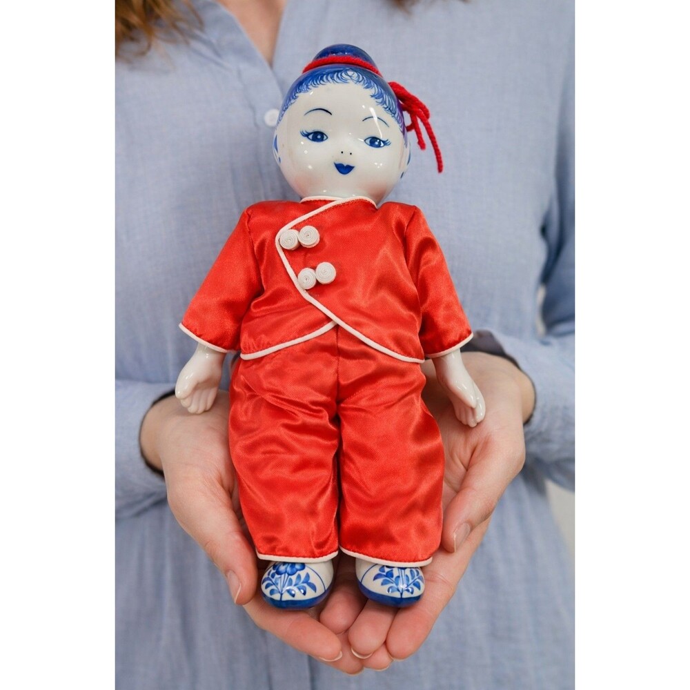 Vintage Chinese Porcelain Doll Hand Painted Blue White Face Red Silk Outfit...